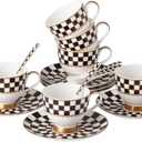 Porlien 6-ounce Porcelain Checker Teacups and Saucers Set of 6 with Spoons, Coffee Cups Set