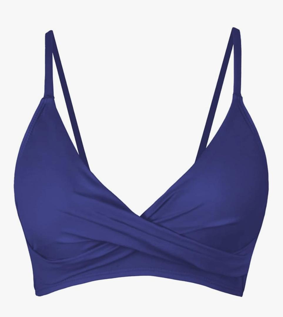 Balasami Women's Push Up Sexy V Neck Adjustable Twist Ruced Front Bikini Swimsuit Top Only, S, Navy Blue