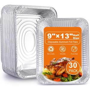 Aluminum Foil Pans 9x13 Disposable 30 Pack Half Size Aluminum Foil Heavy Duty deep Steam Table Pan, Tin foil Turkey Sheets Tray Chafing Grill Accessories for Cooking, Baking, Storing, Food Prepping