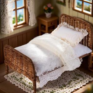1:12 Dollhouse Furniture Bed, 1 Set Miniature Fairy Pastoral Style Brown Rattan Bed with Removable Lace Bedding, Modemn Bedroom Furniture Accessories Set