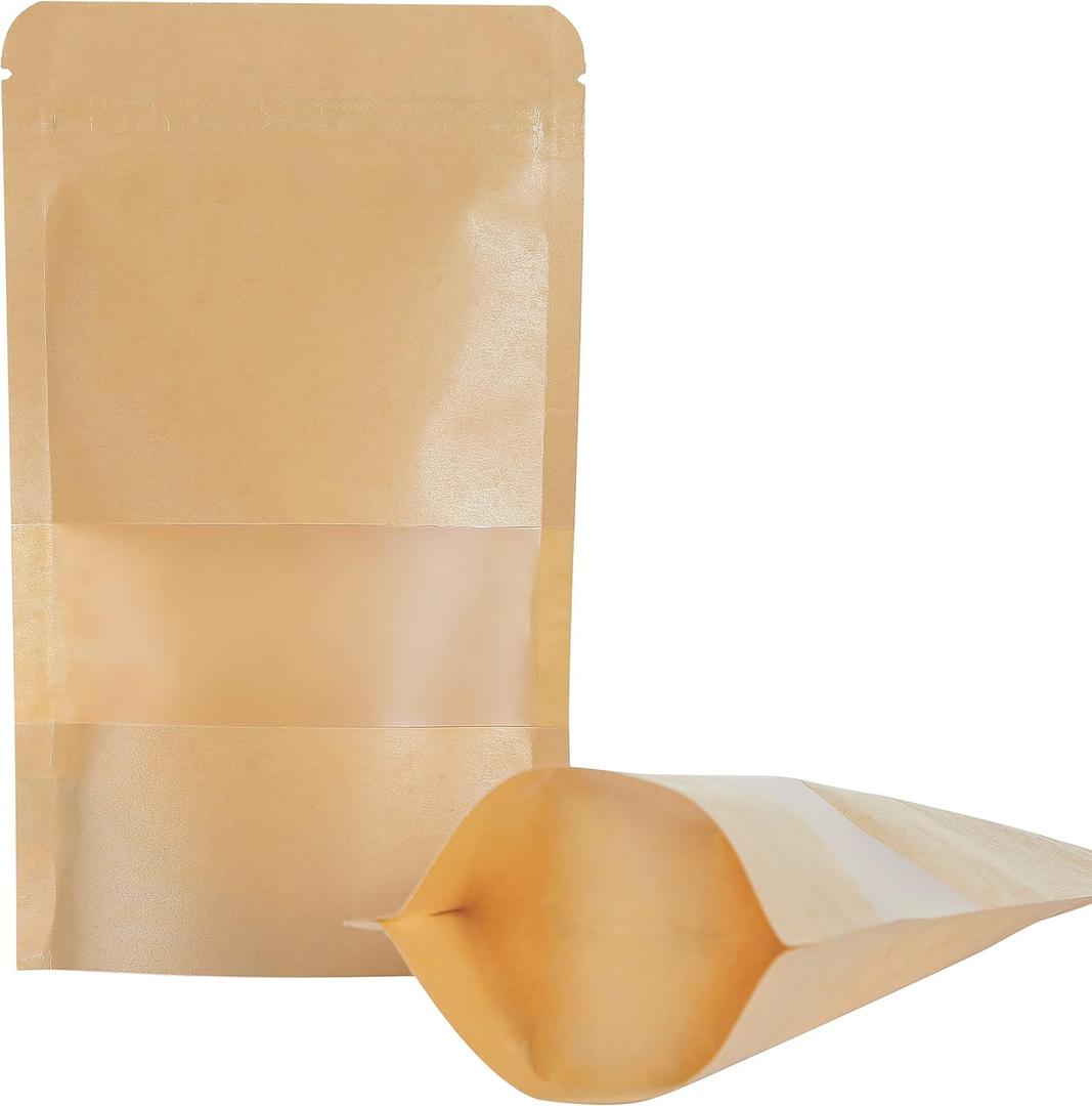 LZLPACKING Kraft Stand Up Pouches bags 100 Pcs,Brown Resealable Bags with Window for Home or Business,Coffee,Food Storage Bags,Sealable Bags for Packaging(5.98.6)