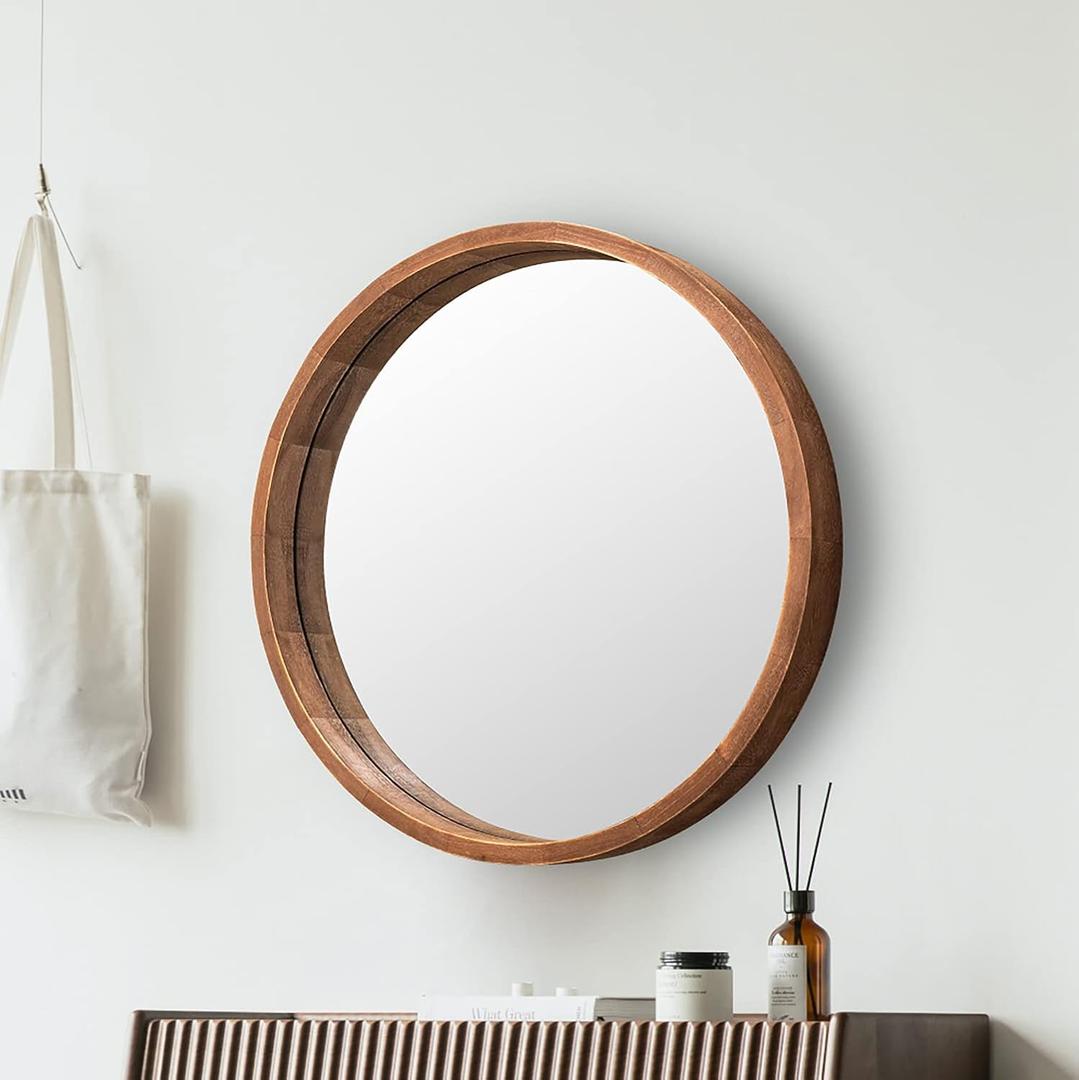 LYYYXGYP Round Wood Mirror 24 Inch Farmhouse Wall Mirror Wooden Framed Brown Circle Mirror for Bathroom