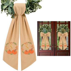 2 Pcs Fall Wreath Sash for Front Door Embroidery Monogram Pumpkin Ribbon Sash for Fall Thansgiving Yard Porch Decor (Letter S)