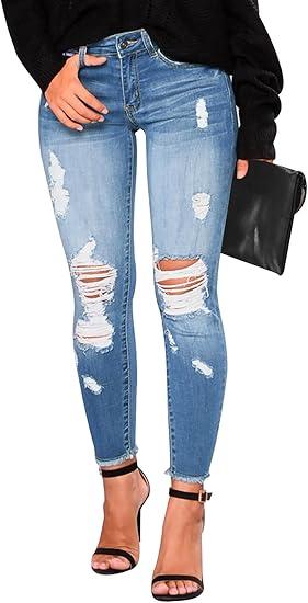 KUNMI Women's Skinny Ripped Trendy Jeans Distressed Stretchy Denim Pants (12, J001-blue)