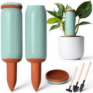 5 Pcs Large Terracotta Watering Spikes Set with Lids 17.5 oz Plant Watering Devices with Mini Shovel Self Water Spikes Plant Globes Insert Gardening Tools for Indoor Outdoor