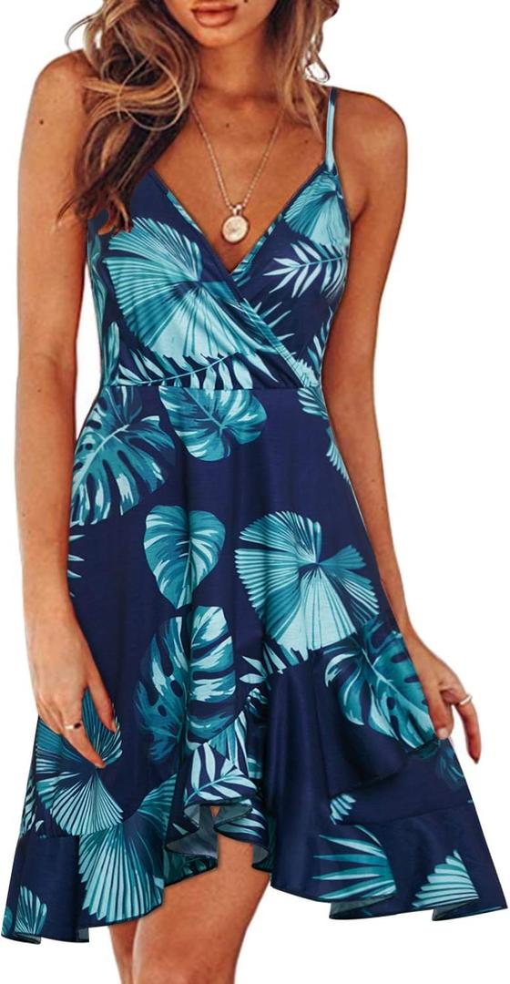 ULTRANICE Womens Summer Dresses Sundresses Casual Spring Trendy Flowy Wrap Midi Beach Wedding Guest Vacation Outfits Clothes V Neck Spaghetti Strap Dress(Blue Blue Green Floral, S)