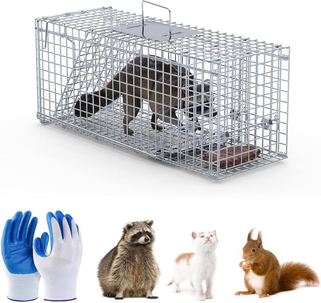 26" Live Animal Cage Trap, Heavy Duty Folding Raccoon Traps with 1x Pair of Gloves, Humane Cat Trap Galvanized Steel Animal Live Trap Cage for Raccoons Beavers Groundhogs Foxes Armadillos
