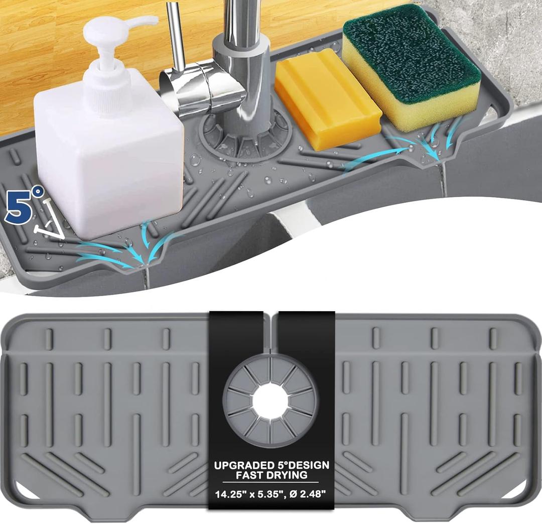 Silicone Faucet Handle Drip Catcher Drying Tray Mat Dish Soap Sponge Holder Accessories Gadgets for Kitchen Counter Bathroom Kitchen Sink Splash Guard -Grey