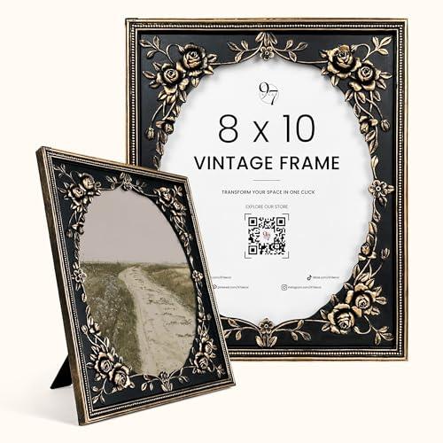 97 Decor Vintage Oval Picture Frame 8x10 - Black Gold Antique Picture Frames 8x10, Large Gothic Frames 8 X10, Fancy Ornate 8 x 10 Frame With Glass Front For Tabletop Or Wall Hanging Gothic Wall Decor