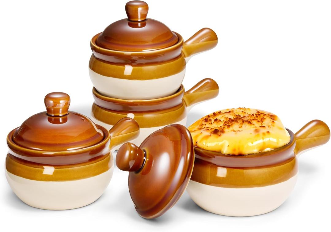 KooK French Onion Soup Crocks, Ceramic Bowls with Lids, Large Handles, Oven & Microwave Safe, Brown/White, Set of 4, 15 oz