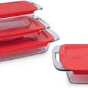 Pyrex Easy Grab 4-Pack Glass Baking Dish Set (1.5QT, 2QT, 3QT, 8"x8") with BPA-Free Lids, Rectangular Bakeware Set, Dishwasher, Microwave, Freezer & Pre-Heated Oven Safe