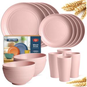 Teivio 16-Piece Kitchen Plastic Wheat Straw Dinnerware Set, Service for 4, Dinner Plates, Dessert Plate, Cereal Bowls, Cups, Unbreakable Plastic Outdoor Camping Dishes, Pink