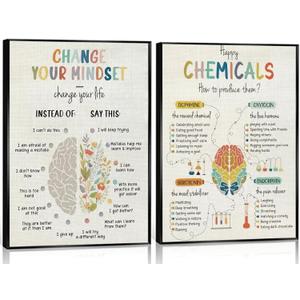2Pcs Mental Health Happy Chemicals Wall Art Change Your Mindset Motivational Poster Prints Therapy Office Canvas Pictures Counseling Office School Counselor Wall Decor 16x24in Unframed (Beige)
