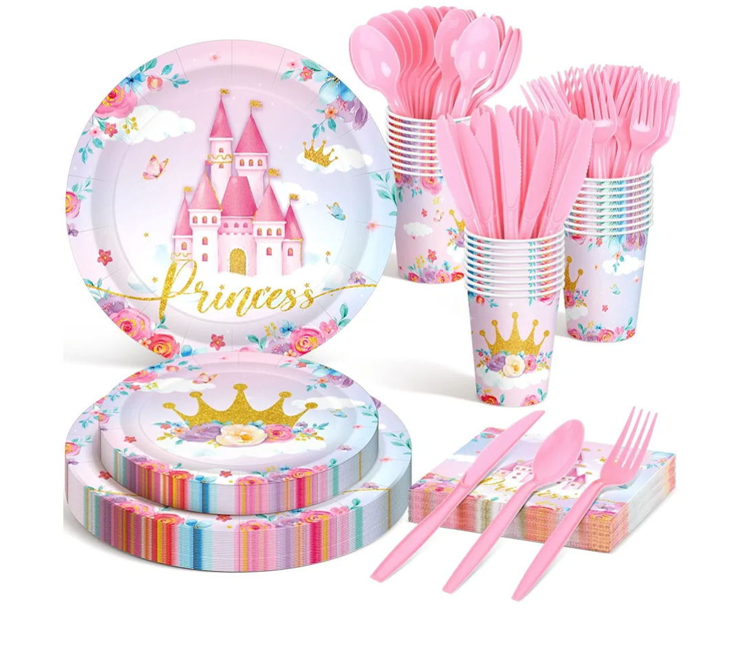 Meanplan Serves 24 Guests Butterfly Fairy Happy Birthday Plates and Napkins Birthday Baby Shower Party Decorations for Girls Included Cups Knives Forks Spoons Total 168 Pcs (Princess Castle)
