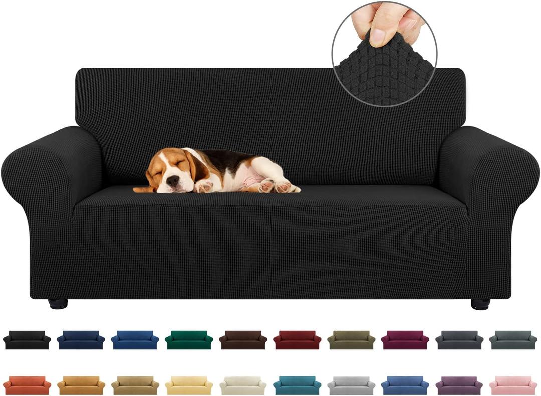 KEKUOU Stretch Loveseat Sofa Cover Slipcover,Couch Covers for 2 Cushion Couch Sofa (55"-78") Furniture Protector Sofa with Elastic Bottom for Kids,Dog. Jacquard Small Checked (Medium, Black)