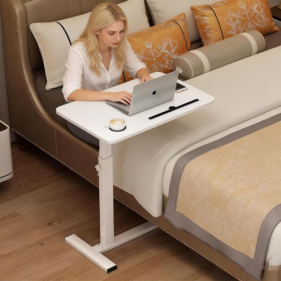 Medical Overbed Adjustable Bedside Table with Hidden Casters, Pneumatic Mobile Rolling Laptop Standing Desk with Tray for Home and Hospital Use, White