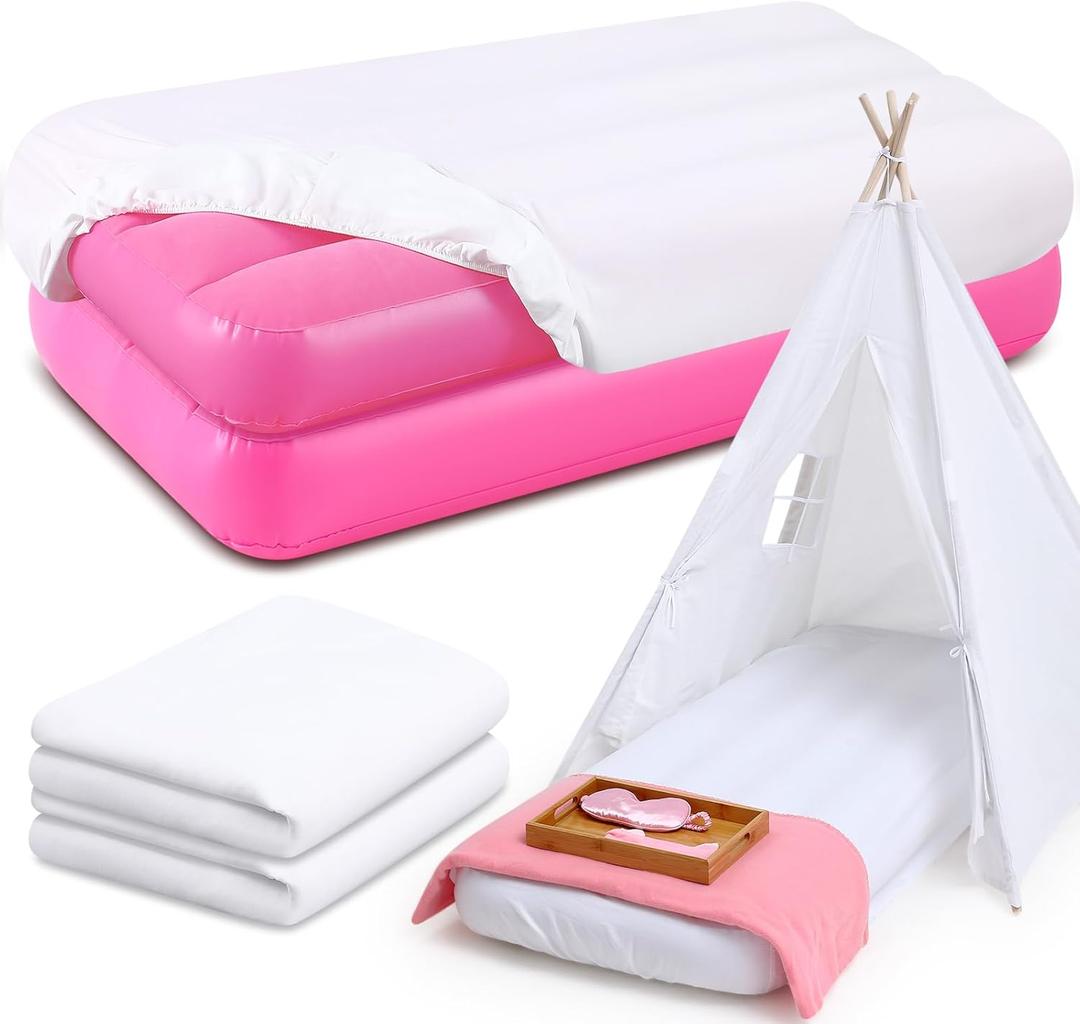 Windyun 2 Sets Kids Air Mattress Bulk with Fitted Sheet, Toddler Inflatable Bed 63 x 27 x 8 Inches Blow up Airbed Camping Sleeping Pad for Aged 3-10 Birthdays Slumber Sleepover Party (White)
