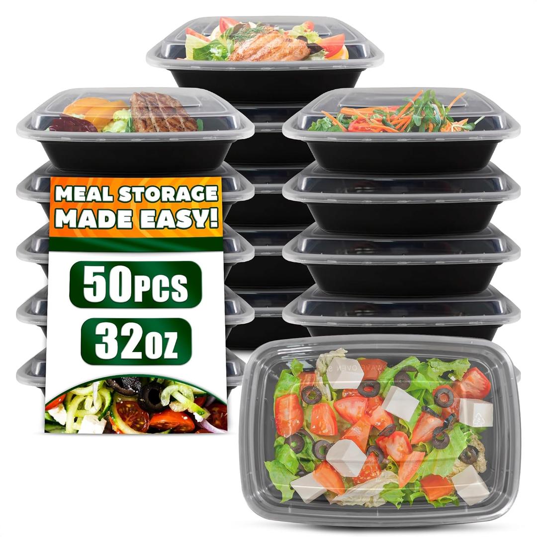 50 Pack [32 oz] Freezer Meal Prep Containers Reusable - Plastic Food Storage Containers with Lids, Dishwasher & Microwave Friendly, Warp-Resistant - Versatile Use for Meals, Leftovers & More