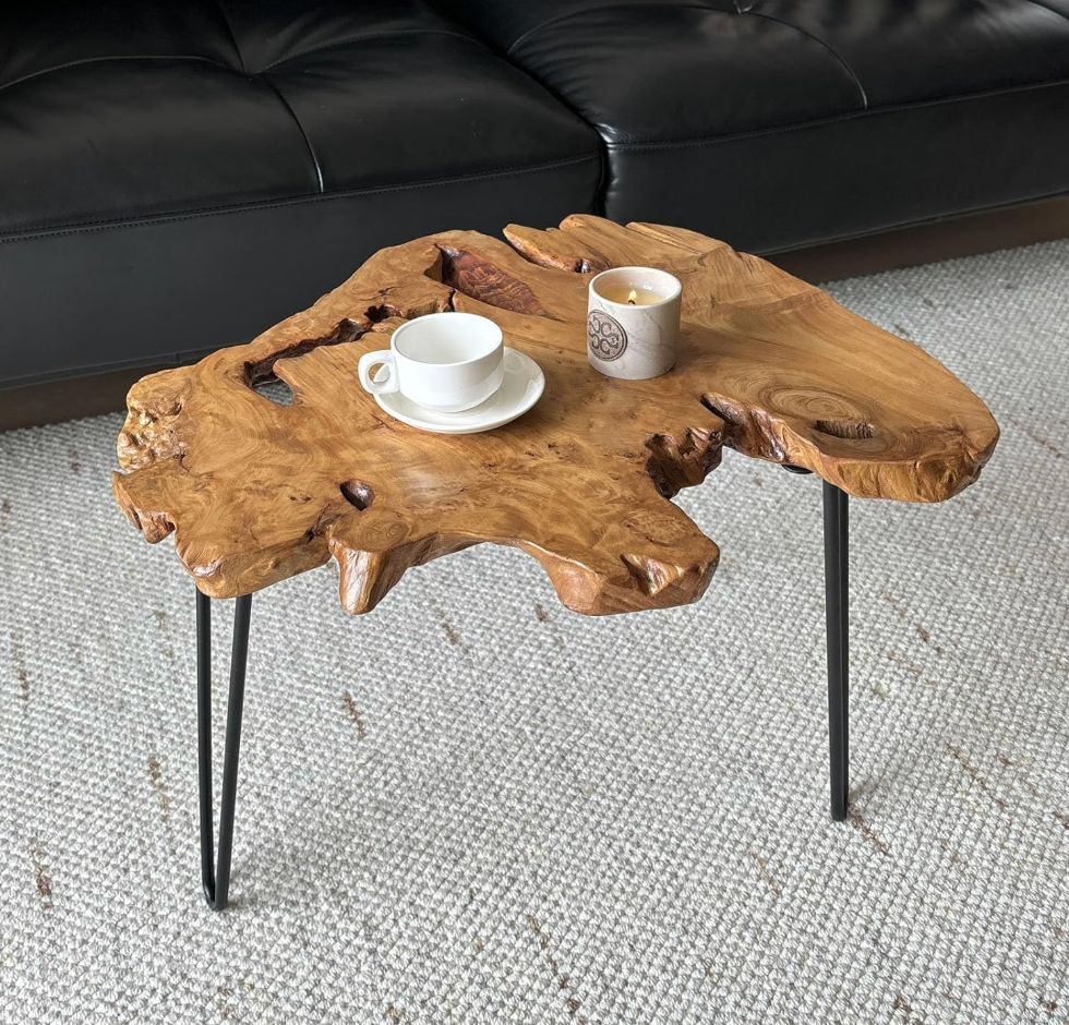 DONZIKLE Live Edge Coffee Table, Natural Fir Wood Coffee Table for Living Room, About 22" W x 13" D x 17" H Unique Handcrafted Raw Wood Table with Sturdy Metal Hairpin Legs