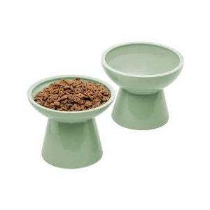 1pcs Ceramic Elevated Bowls, Extra Wide Raised Cat Bowls for Food and Water, Shallow Cat Food Dish Whisker Friendly, Anti Vomit, Microwave and Dishwasher Safe, Great Height (Green)