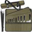 Army Green Chef Knife Bag With 10 Slots Cutlery Knives Holders Protectors, Home Kitchen Travel Cooking Tools, Portable Canvas Knife Roll Storage Bag Chef Case for Camping or Working