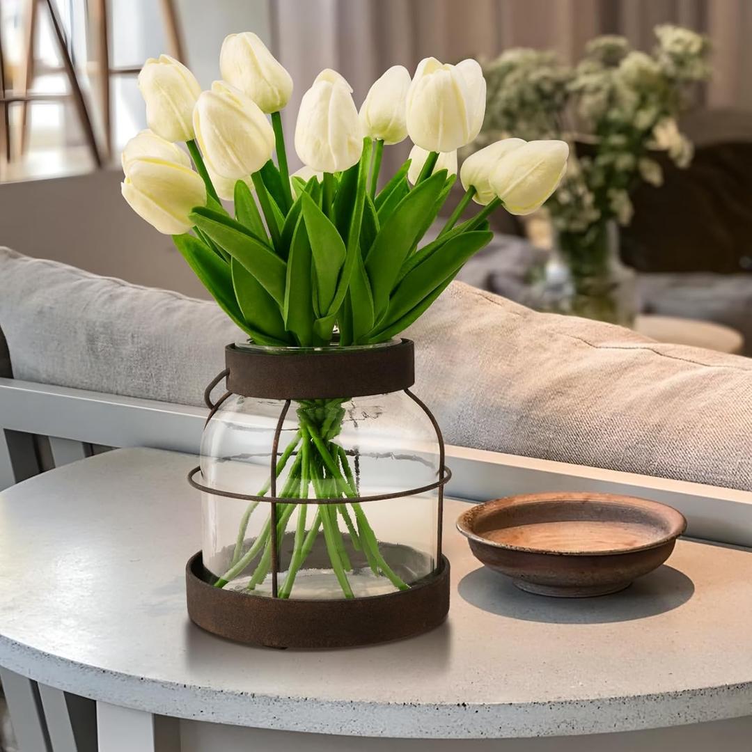 Farmhouse Vase with Artificial Flowers, Rustic Glass Bottle with Tulips Vintage Vase with 14Pcs Flowers VAse with Metal Frame Handle for Dining Room Living Room Table Decor Housewarming Present