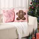 STORRVOL Set of 2 Pink Christmas Pillow Covers 18x18 Inch Christmas Gingerbread Man Cane Pillow Xmas Throw Pillow Covers Xmas Embroidery Pillowcase for Home Winter Holiday Party Couch Sofa Decoration