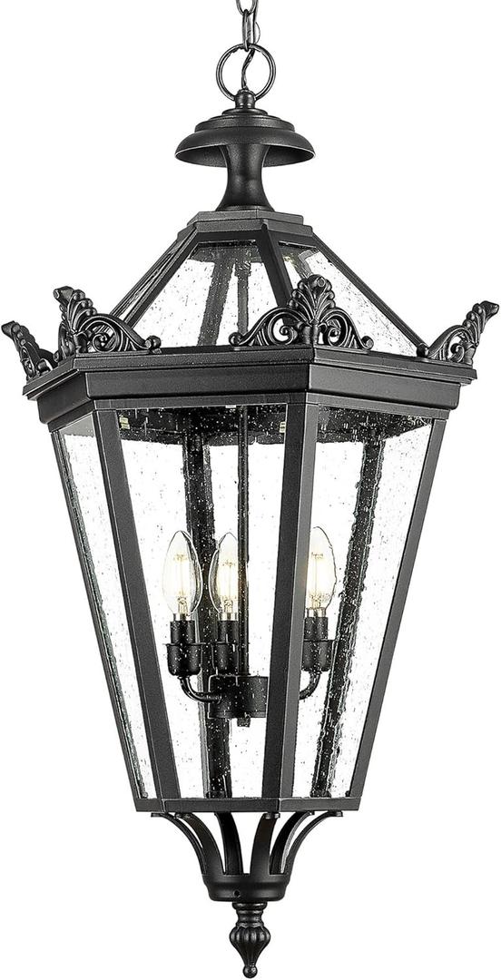 Emliviar 32 Inch Outdoor Front Door Hanging Light, Farmhouse Exterior Pendant Lantern Waterproof Ceiling Mount with Seeded Glass, Black Finish, XE283H BK