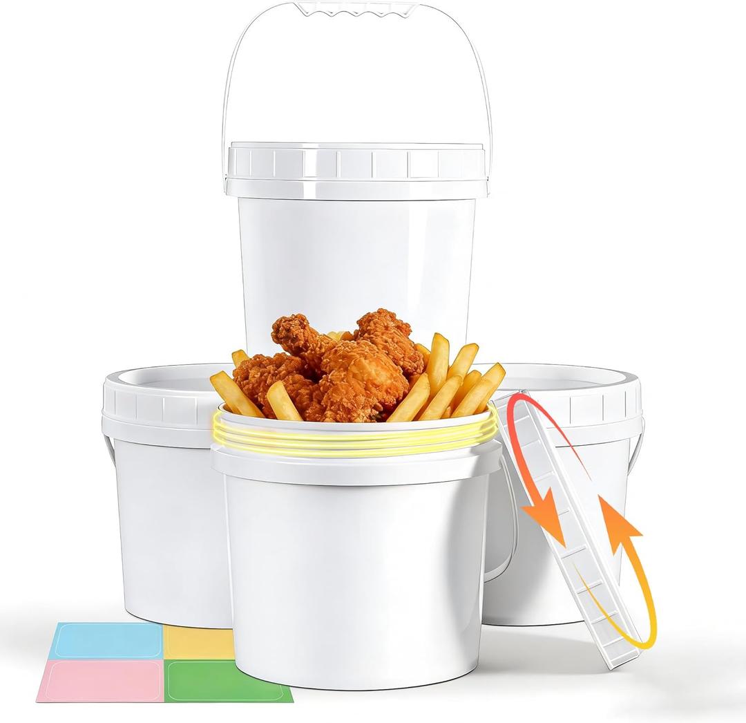 4 Pack 1 Gallon Plastic Buckets with Screw Lids & Handle, Food Grade Storage Containers for Kitchen, Freezer - Reusable White Plastic Bucket Set Whit