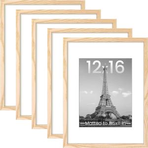 upsimples 12x16 Picture Frame Set of 5, Display Pictures 8.5x11 with Mat or 12 x 16 Without, Wall Gallery Poster Frames, Natural