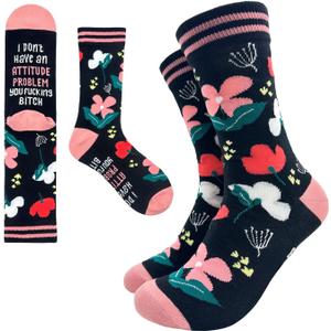 I Don't Have an Attitude Problem Novelty Funny Breathable Printed Cotton Socks, Unisex Cozy Knitted Crew Socks with Humorous Sayings, Gifts for Friend Bestie Coworker Boss Manager Employer