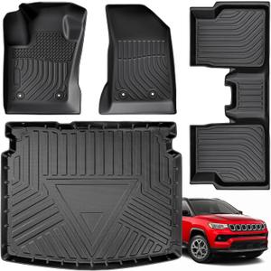 Floor Mats Cargo Liner for Jeep Compass Floor Mats 2017-2026TPE All Weather Odorless Easy to Install Secure in Place Non-slip Surface Handle Heavy Rain Snow No Trimming Raised Edge, for Compass 2017-2026 4PCS
