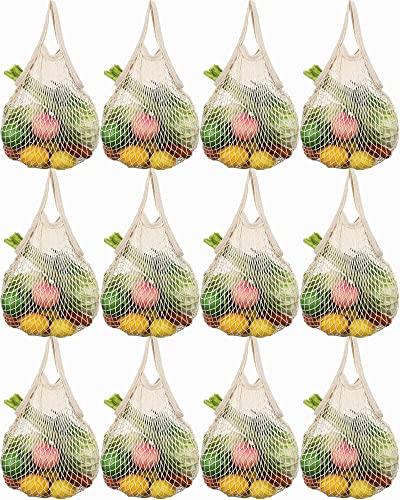 Eccliy 12 Pcs Reusable Mesh Grocery Bags Portable Cotton Produce Containers Washable Net Mesh Tote Bag Handle String Shopping(Beige)