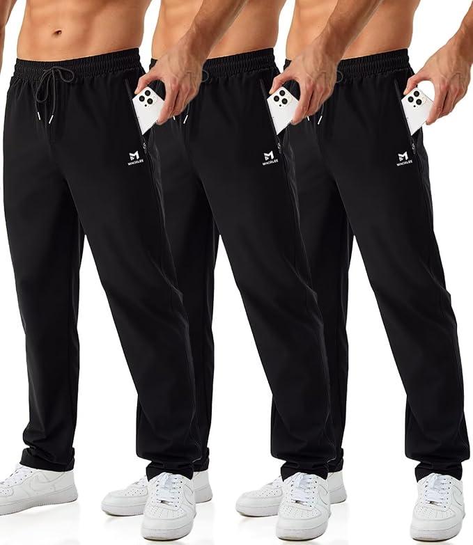 Minorlee Mens Joggers with Zipper Pockets Open Bottom Sweatpants for Men 3 Pack Lightweight Track Pants Men for Workout,Gym M 
