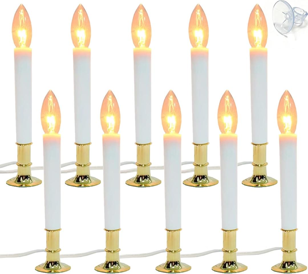 10 Pack Electric Window Candle Lights with Gold Base - Dusk to Dawn Sensor, Auto On/Off for Holiday Party Home Decor (Warm White)