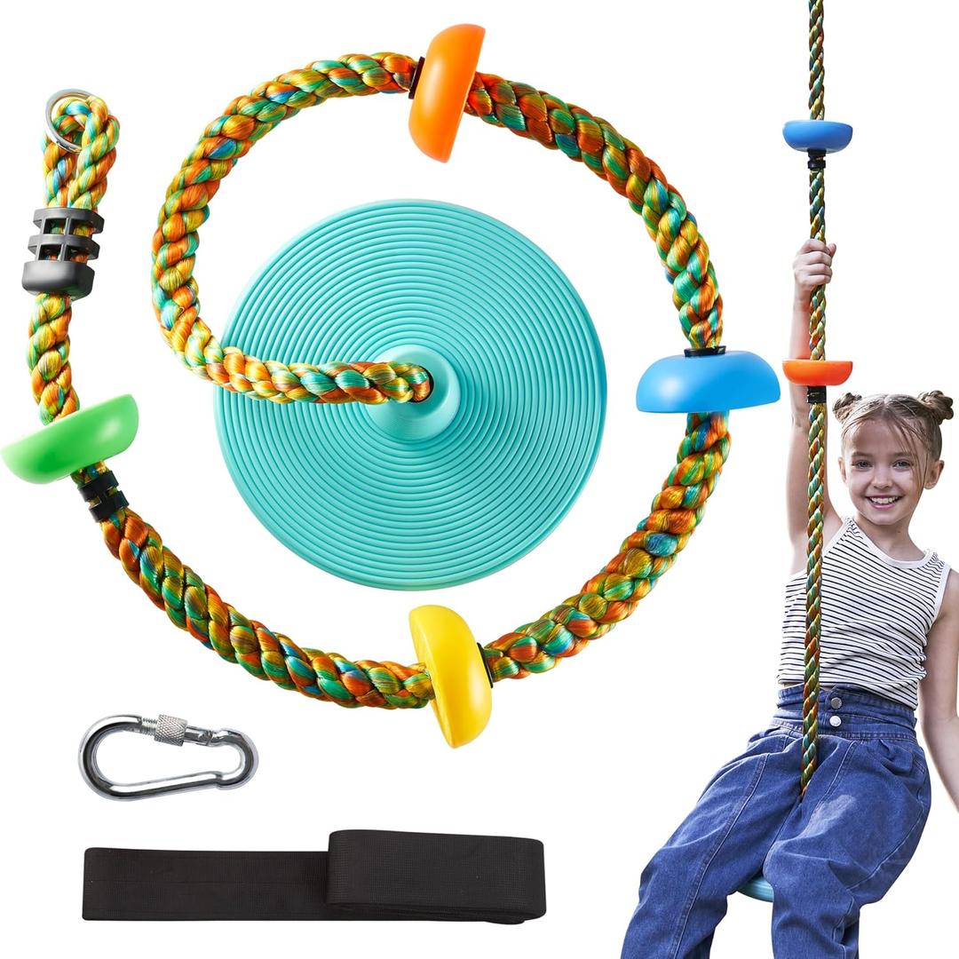 TURFEE Tree Swing for Kids -Blue Climbing Rope Tree with Platforms and Disc Seat Single Disc Seat and Climbing Rope Set w/Carabiner & 4 Ft Strap - Treehouse and Outdoor Playground -Blue