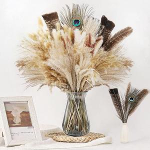 Bpole 2-in-1 Pampas Grass Decor - 100pcs Dried Pampas Grass with Natural Feathers Boho Flowers Arrangement for Vase,Home Wedding Party Centerpiece and Rustic Farmhouse Decor