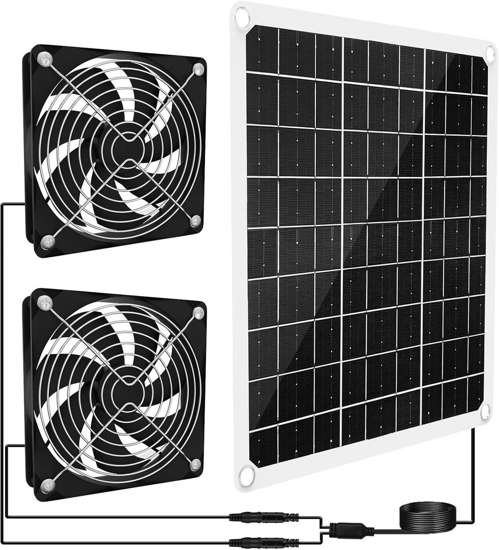 15W Solar Powered Fan for Chicken Coop, Solar Panel Exhaust & Intake Fan with Two Waterproof Fans 6.5Ft Cable Installation Kits, Ideal for Greenhouse Dog-House Outside Shed