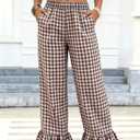 Flygo Womens Gingham Pants Cotton Wide Leg Ruffle Lounge Trousers (M)