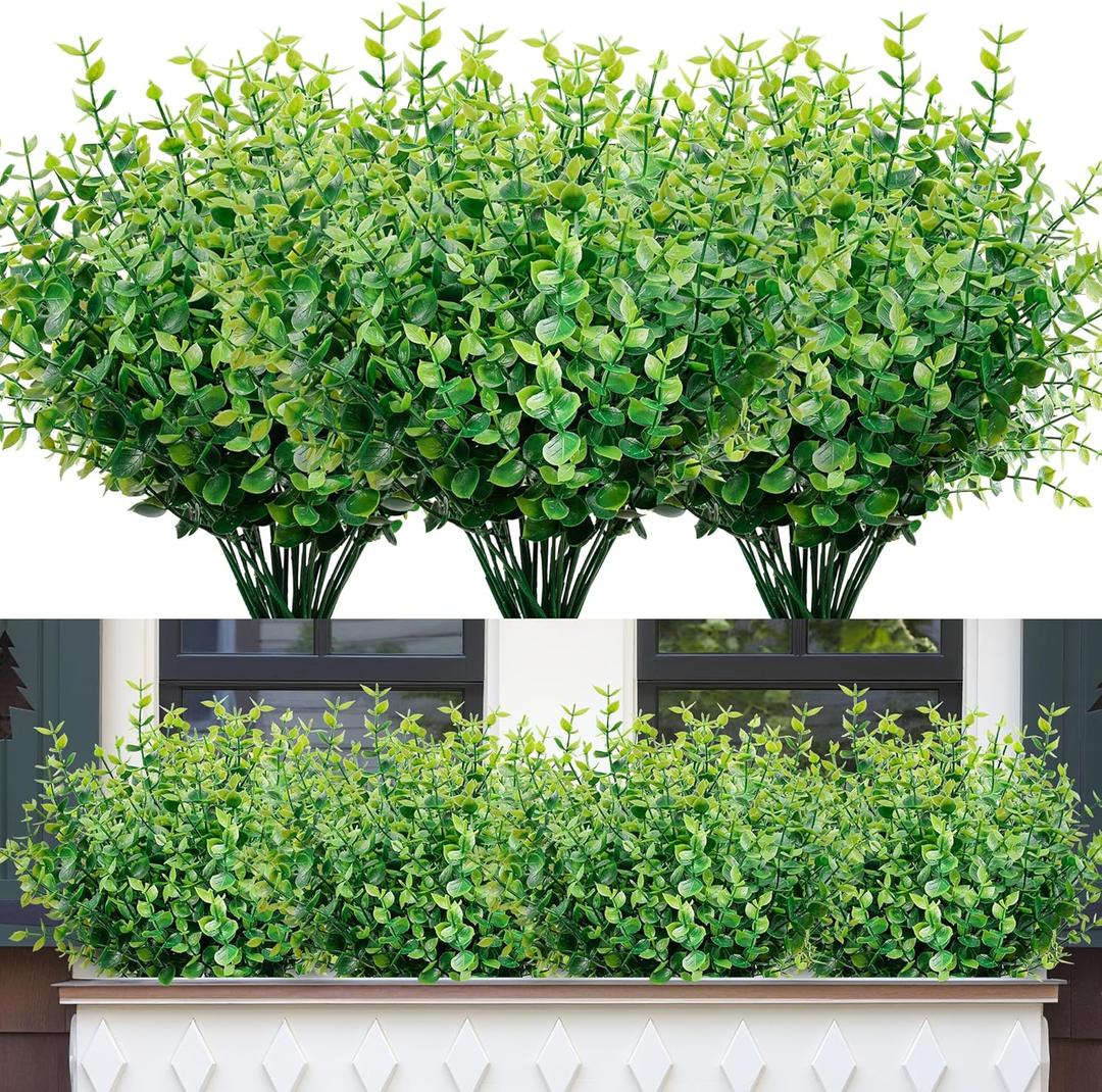 Faux Greenery Stems Plastic Artificial Boxwood, 20 Bundles Faux Boxwood Shrubs Outdoor Artificial Greenery UV Resistant for Farmhouse Office Garden Wedding Window Patio Porch Home Decor