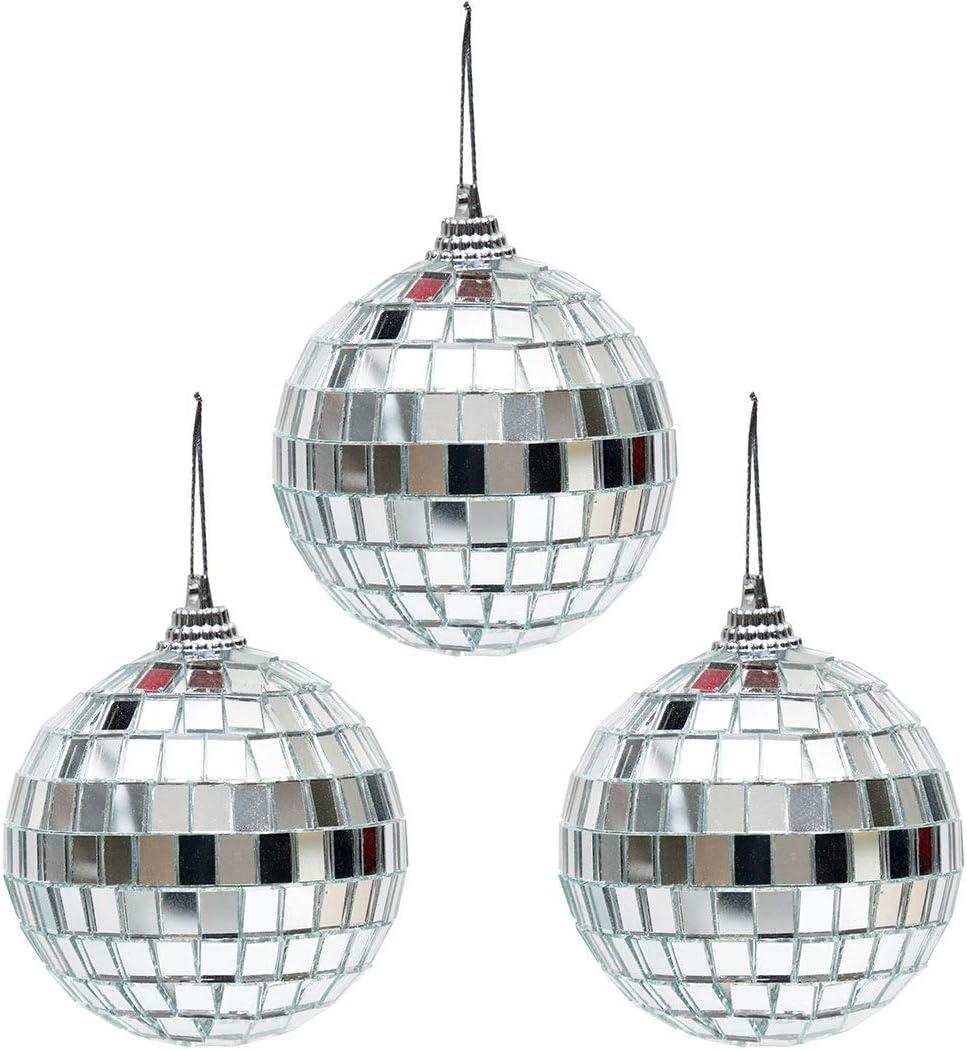 3 pcs 3.2 Inch Christmas Ball Mirror Party Disco Ball Xmas Tree Ornament Decoration with Cosmos Fastening Strap