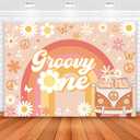 Avezano Groovy One Happy Birthday Backdrop Daisy Floral Girls 1st Birthday Party Decorations for Newborn Boho Rainbow Bus First Birthday Photography Background Cake Table Banner (7x5ft)