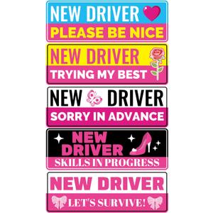 5pcs New Driver Magnet for Car, 11x3.35in Reflective Funny Student Learner Driver Magnetic Stickers Waterproof Removable Bumper Safety Rookie Attention Sign Decal for Beginners Learning (Rose)