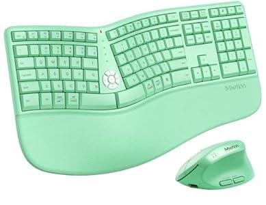 MEETION Ergonomic Wireless Keyboard and Mouse, Split Arch Keyboard with Cushioned Wrist Palm Rest, Wireless Vertical Mouse Full Size for Mac/ Windows/ Computer/ Laptop, Green