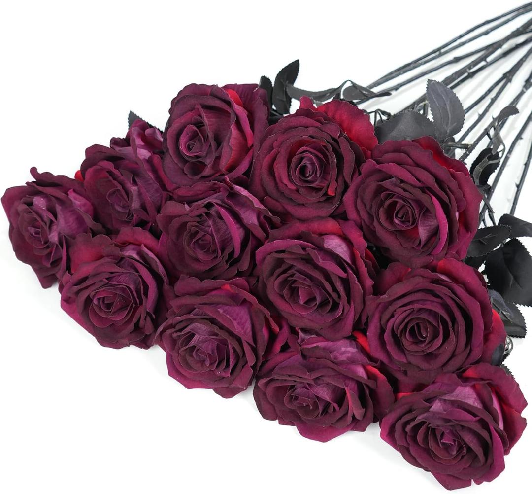 12 Pcs Fake Burgundy Roses Artificial Flowers with Long Stem, Goth Birthday Decorations, Gothic Wedding Decor, Halloween Dark Flower Arrangement,Faux Silk Rose Bouquet Realistic, Large (Wine Red)