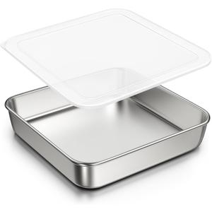 8 x 8-Inch Baking Pan with lid, 304 Stainless Steel Square Cake Pan, Commercial Grade Bakeware for Cakes Brownies Casseroles, Thicker Rectangle Sheet Cake Pans, Non-toxic & Heavy Duty &Dishwasher Safe