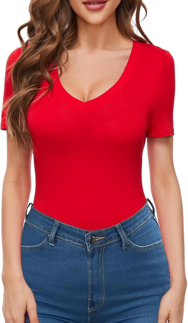 Women V Neck Short Sleeve Tight Fitted Summer Dressy Casual Sexy Cute Tops T Shirts Tee Tshirt Clothes (Red), M