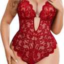 Avidlove Women Plus Size Lingerie Lace Teddy Deep V Lingerie Bodysuit One Piece Babydoll 14-22 Plus (5X-Large, Red)