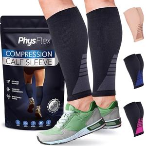 Calf Compression Sleeves for Men and Women - (1 Pair) Footless Compression Socks Support for Varicose Veins, Nursing, Pregnancy, Running - PhysFlex Leg Sleeve Brace for Shin Splints, Pain Relief and Reduces Swelling (Black, Medium)