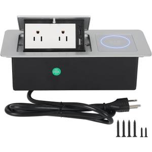 Table Pop Up Outlet Automatic Pop Up Strip Center Countertop Recessed Power Strip with 15W Wireless Charger + USB A + USB C + 2AC 5.9Ft Cord for Conference Desk Office Kitchen (Silver-Wireless)